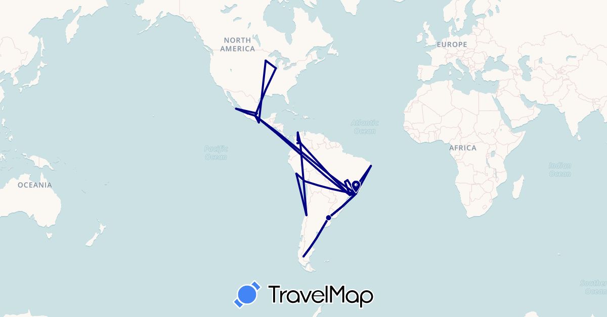 TravelMap itinerary: driving in Argentina, Brazil, Chile, Colombia, Mexico, Peru, United States (North America, South America)